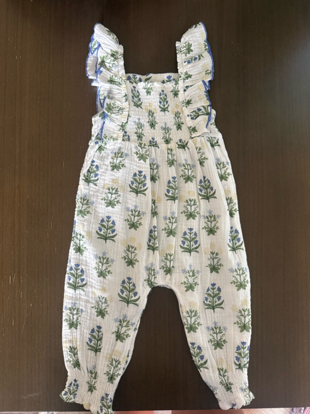 Mud Pie White Romper with Green and Blue Floral Print and Ruffle Straps